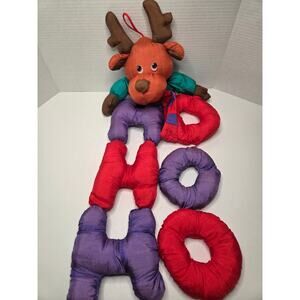 Vintage Ho Ho Ho Plush Reindeer Door Hanger 32" Christmas Nylon Puff Decoration
